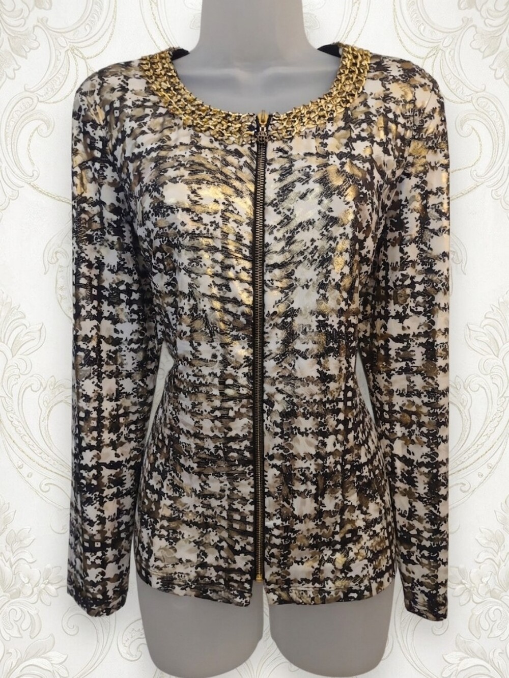 Vintage MSK Gold Metallic Zip-Up Jacket Chain Neckline Size M